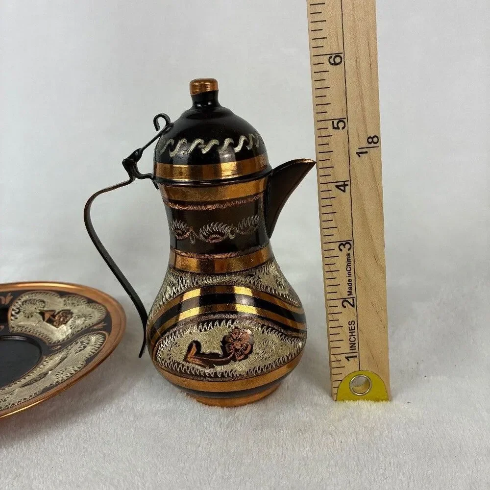 VTG Turkish Dallah Etched Copper Floral Black 2 Pc Set - Coffee Tea Pot Ornate